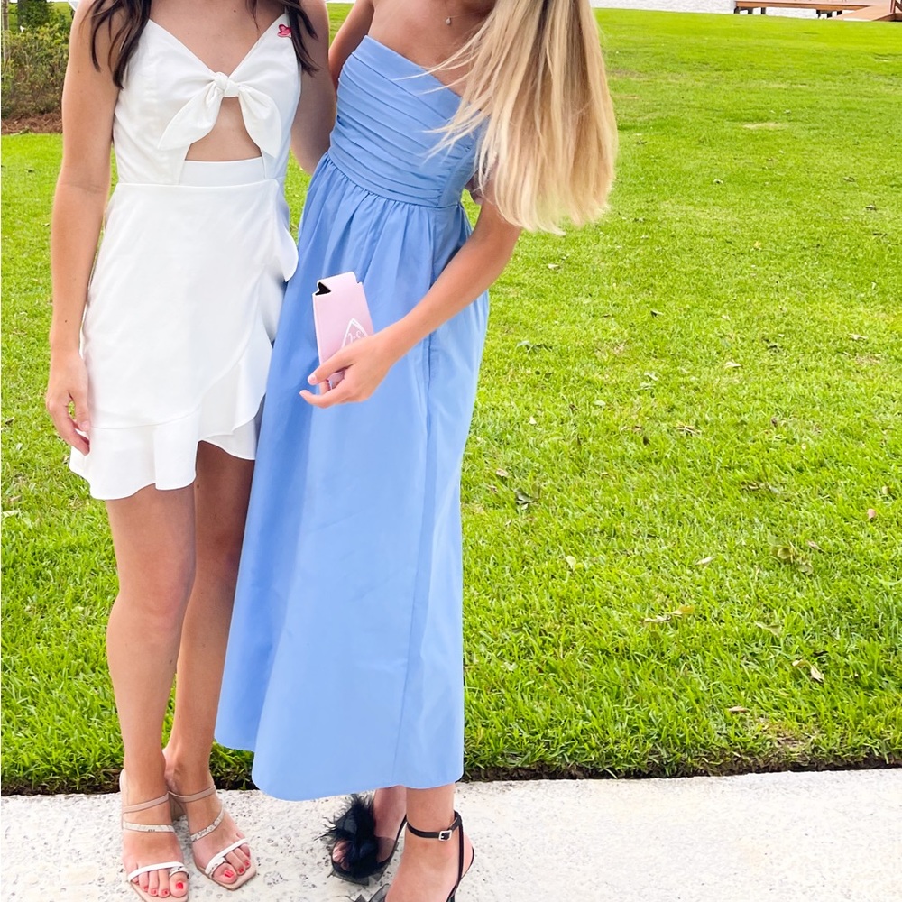 Blue strapless midi dress